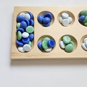 NWOT Wooden Mancala Board Game with Colorful Stones